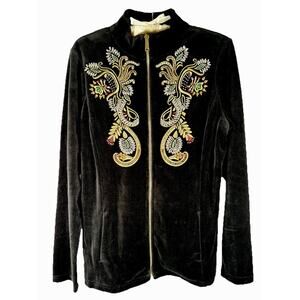 Boston Proper Women’s Black Velvet Jacket Zip Up Gold Embellish Jeweled Size Med